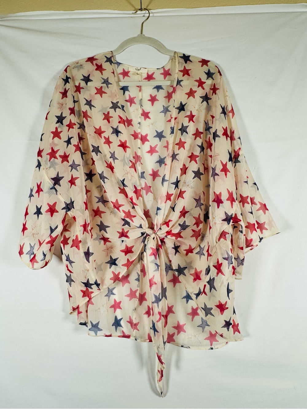 easel Cream Sheer Star-Print Tie-Front Cardigan/coverup with Red & Blue Stars